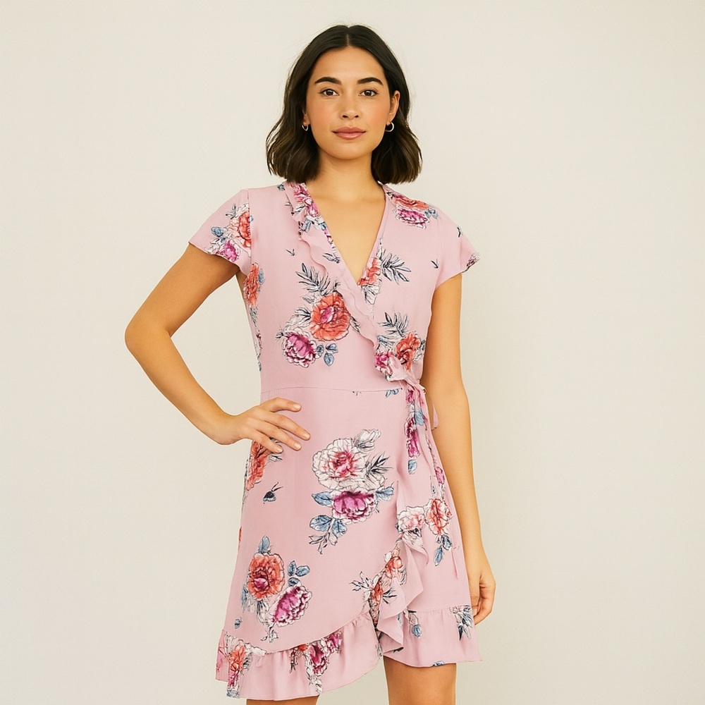 Romeo & Juliet Couture Pink Lilac Floral Wrap Mini Ruffle Summer Dress - Medium